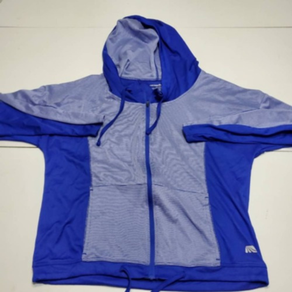 Marika Womens Activewear Jacket Blue Striped Hooded Full Zipper Drawstring M